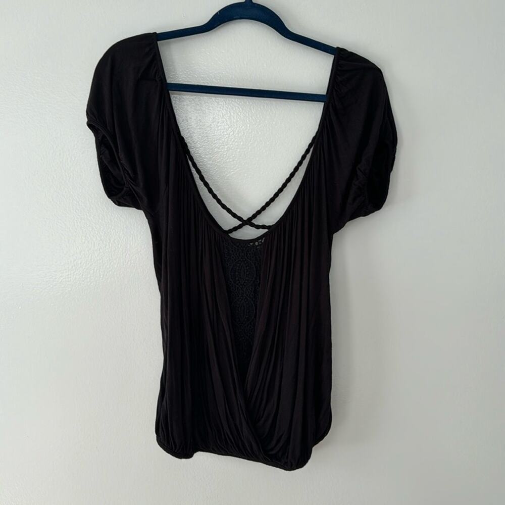 Free People Criss Cross Elastic Waist Lace Front Black Top Size XS Oversized
